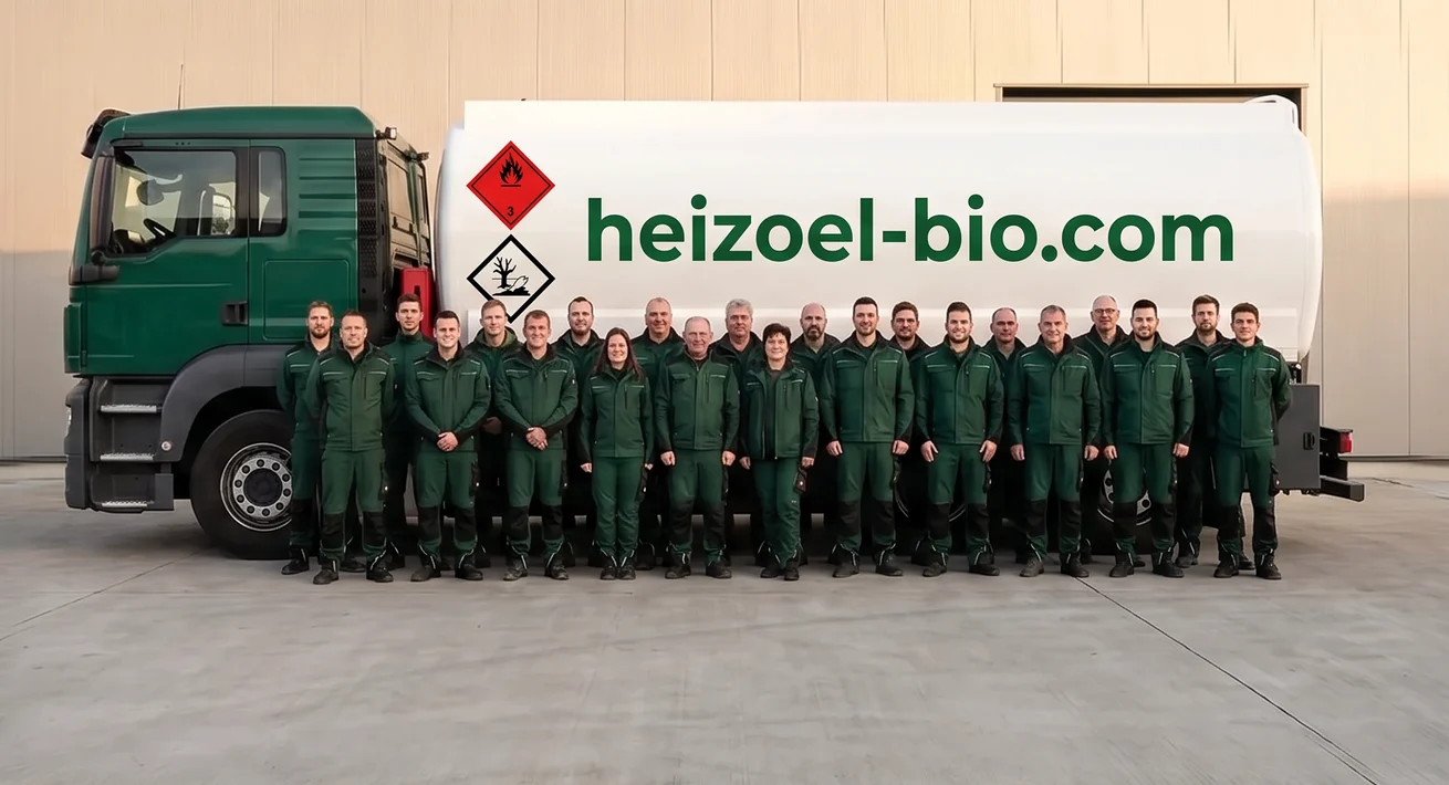 Unser Fahrer-Team vor dem Tankwagen von heizoel-bio.com